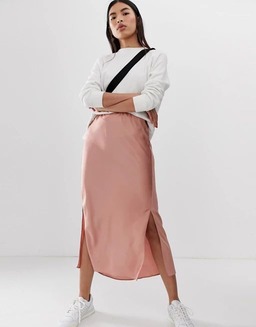 ASOS DESIGN bias cut satin midi skirt with splits | ASOS US
