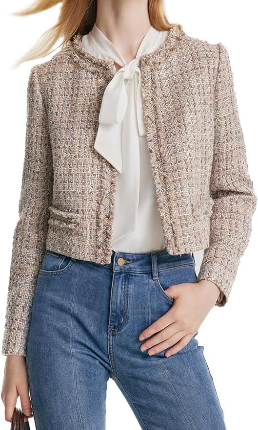 GOELIA Tweed Cropped Blazer Jacket for Women 2023 Open Front Long Sleeve Slim Fit Business Casual... | Amazon (US)