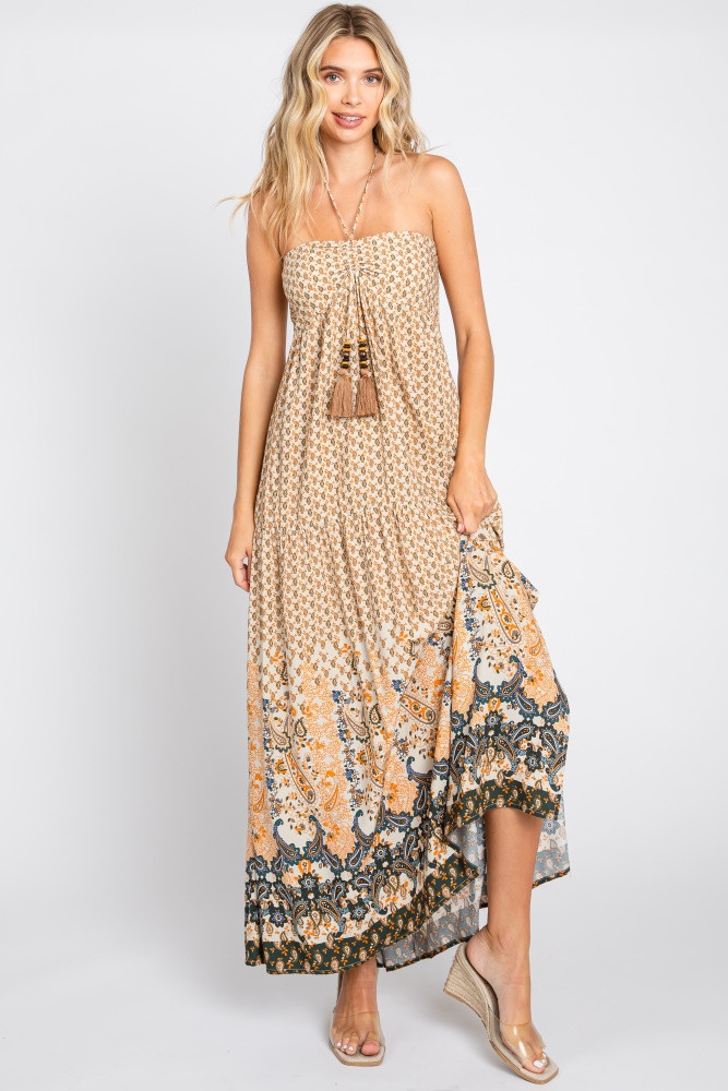 Beige Floral Paisley Halter Maxi Dress | PinkBlush Maternity