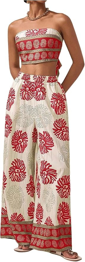 Amazon.com: Floerns Women's 2 Piece Outfit Tropical Bow Cropped Tube with Summer Wide Leg Pants S... | Amazon (US)