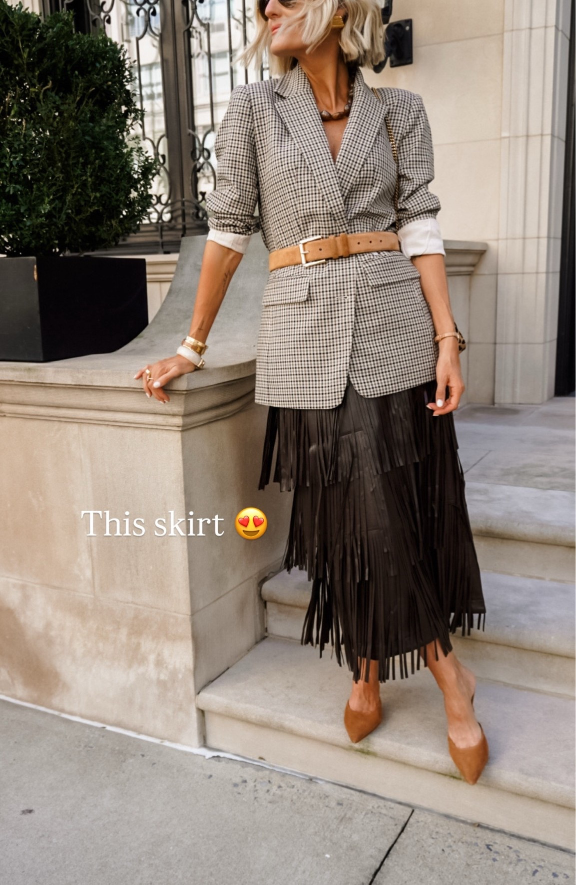This fringe skirt is such a fun statement piece! It’s definitely a splurge, but I linked a similar version that’s a little bit more affordable! Wearing XS/2

Loverly Grey, fall outfit, fringe skirt, New York, plaid blazer

#LTKSeasonal