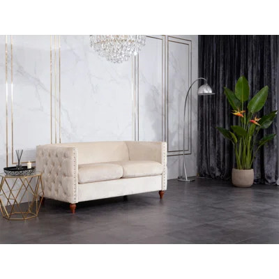 2-Seats Living Room Sofa Velvet Nail Head Tufted Loveseat In Beige | Wayfair North America