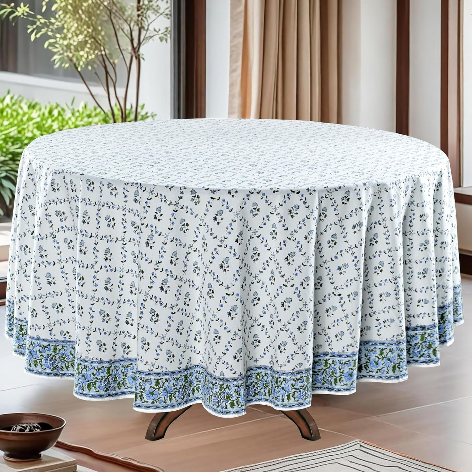 Round Tablecloth Hand Block Print 100% Cotton Reusable Powder Blue 110 Inch Table Cover Decorative Everyday Use for Dining, Home, Party, Wedding, Farmhouse, Party Gift for Spring, Mother's Day | Amazon (US)