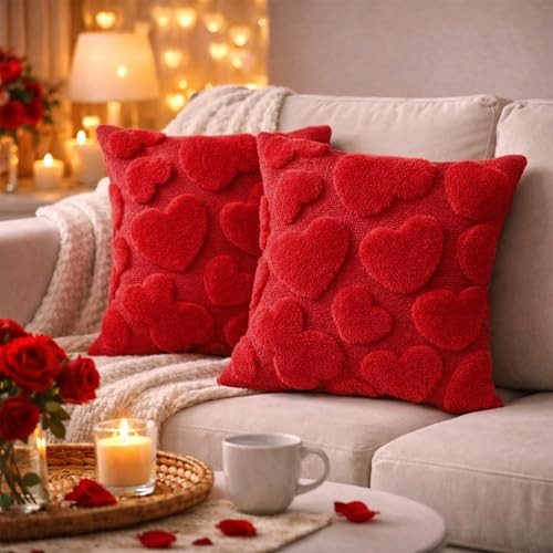 Aryala Valentine’s Day Heart Pillow Covers 18x18, Set of 2 – Red Fuzzy 3D Heart Throw Pillow Covers for Couch, Sofa & Bedroom Decor – Romantic Valentine Home Decorations & Gift for Her or Couples | Amazon (US)