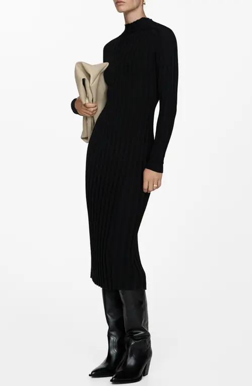 MANGO Perkins Mock Neck Long Sleeve Rib Maxi Dress in Black at Nordstrom, Size 0 | Nordstrom