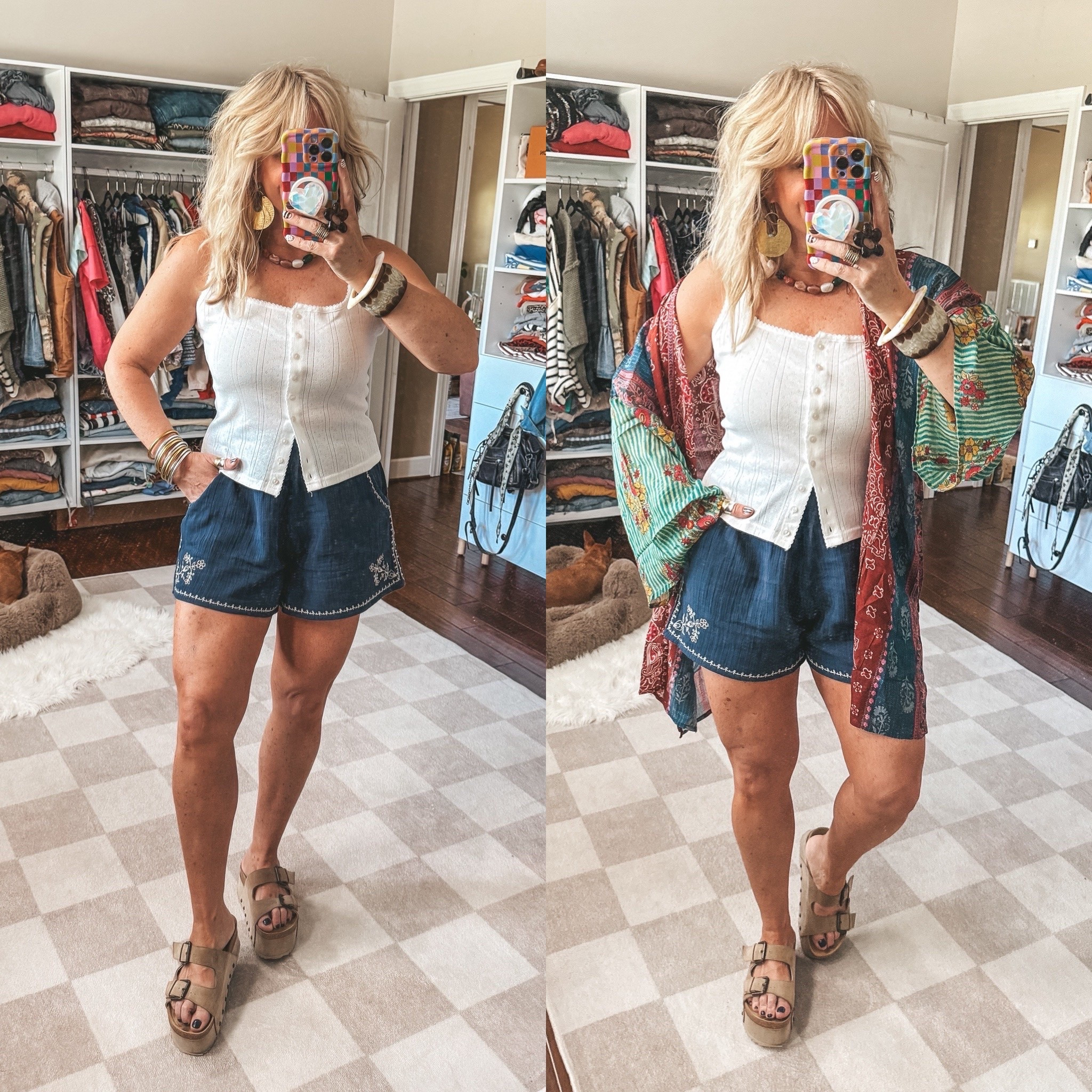 These shorts I carried on vacation and they are so incredibly comfy. This basic button front tank is so good and I love this fit layered with a kimono! I’m wearing a medium in everything. 
@Natural Life

#LTKOver40