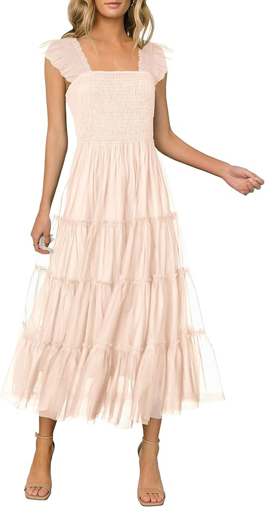 PRETTYGARDEN Women's 2024 Summer Midi Dress Casual Sleeveless Smocked Ruffle Tulle Flowy Beach Su... | Amazon (US)