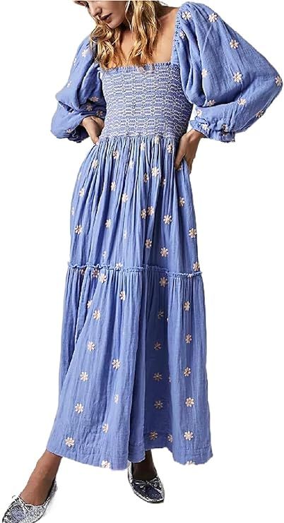 Argeousgor Boho Flowy Maxi Dress for Women Puff Long Sleeve Square Neck Embroidered Swing Tiered ... | Amazon (US)
