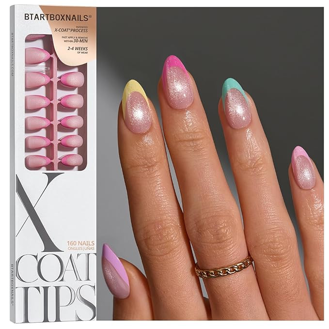 BTArtboxnails XCOATTIPS 5 Brighter Pastel French Tip Press on Nails - Short Almond, Cat Eye Base,... | Amazon (US)