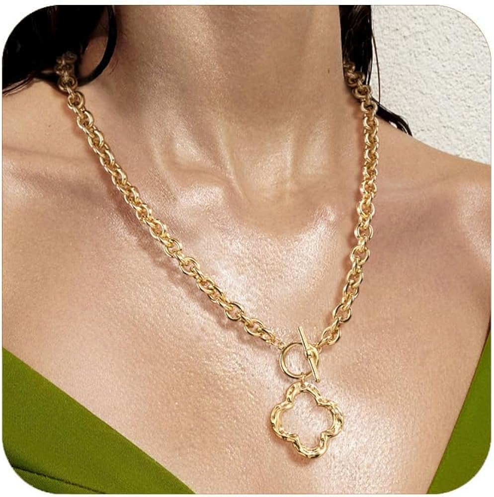 Chunky Gold Necklace for Women - 14K Gold/Silver Plated Hammered Cross/ Clover/ Heart/ Baroque Pe... | Amazon (US)