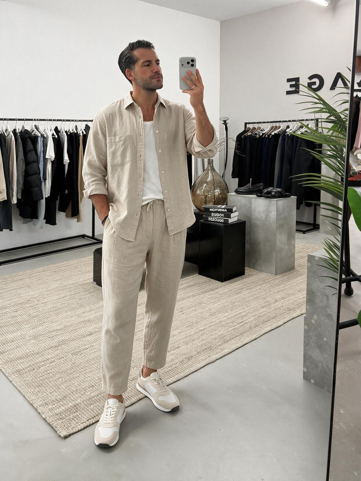 Sand trifft Ecru - leichtes Leinenhemd offen getragen zur cropped Chino und weissen Sneakern. Der perfekte entspannte Sommer-Look fuer warme Tage. Alle Teile direkt hier shoppen! 

 #LTKdeutschland #LTKherren #LTKsummer