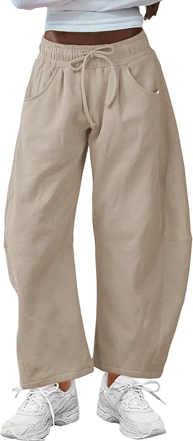 Hongsui Women's Barrel Leg Pants Elasticated Waistband Soft Wide Leg Pants with Pockets Casual Sw... | Amazon (US)