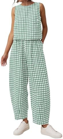 PRETTYGARDEN Womens 2 Piece Sets 2026 Summer Plaid Sleeveless Tops Wide Leg Pants Matching Lounge... | Amazon (US)
