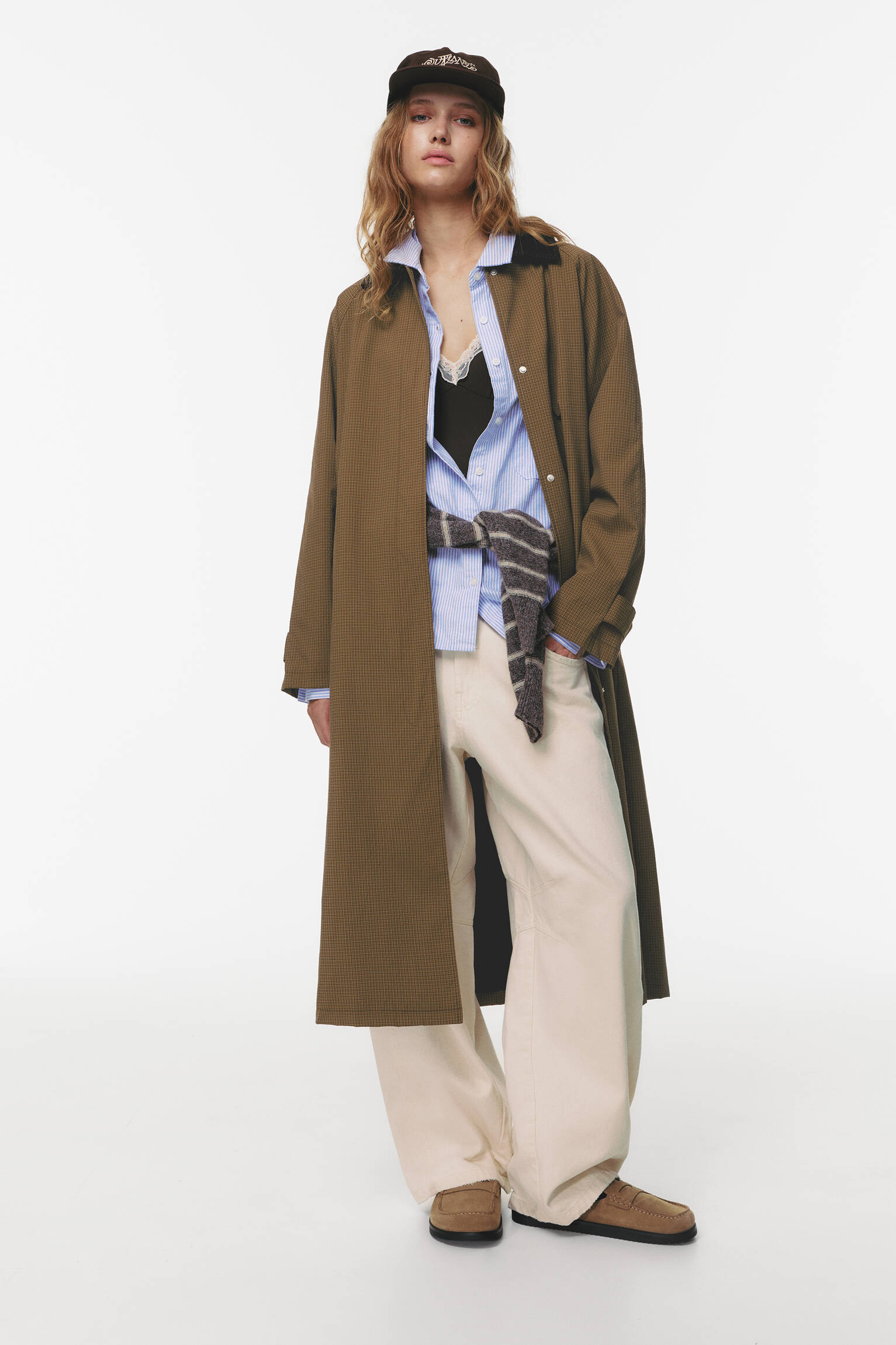 Checked trench coat with corduroy collar | PULL and BEAR UK