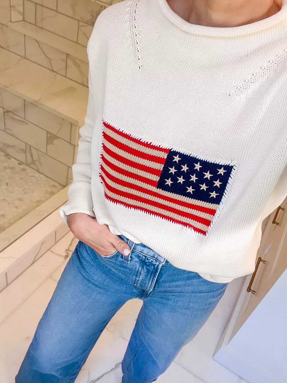 American flag sweater and wide leg jeans 