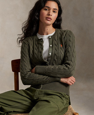 Women's Cable-Knit Cotton Crewneck Cardigan Sweater | Macy's