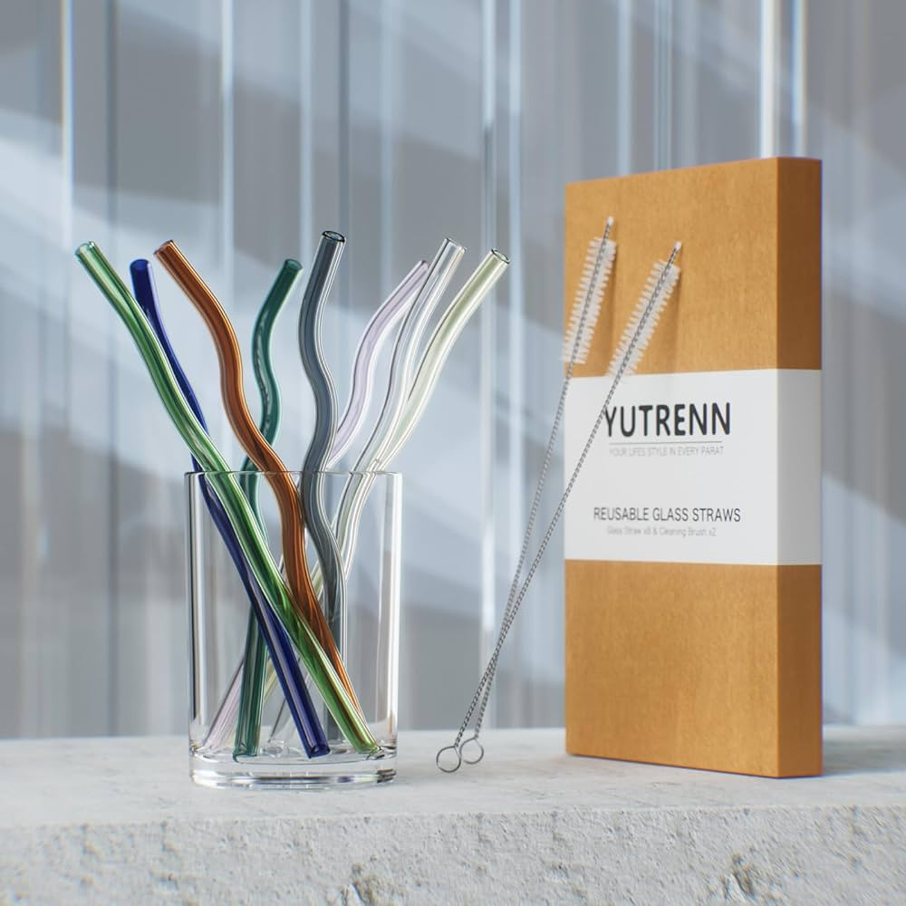 YUTRENN Reusable Glass Straws Sets of 8 Wavy Colorful Drinking Straws with 2 Cleaning Brushes, 8 ... | Amazon (US)