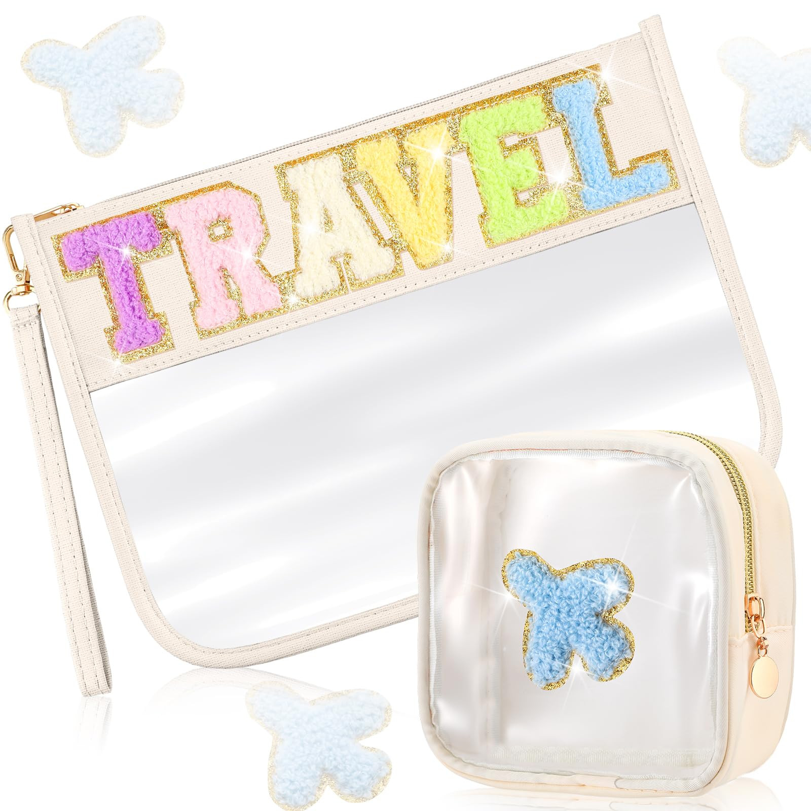 Hillban 2 Pcs Clear Travel Bags Chenille Letter Makeup Cosmetic Toiletry Bags Weekend Gifts Prepp... | Amazon (US)