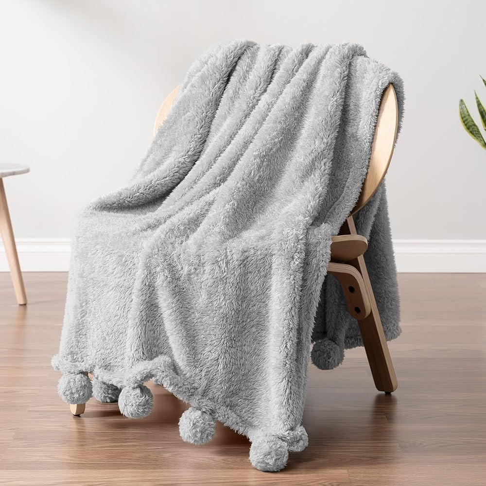 PAVILIA Light Grey Sherpa Throw Blanket for Couch, Warm Plush Pom Pom Blanket Throw, Gray Fuzzy S... | Amazon (US)