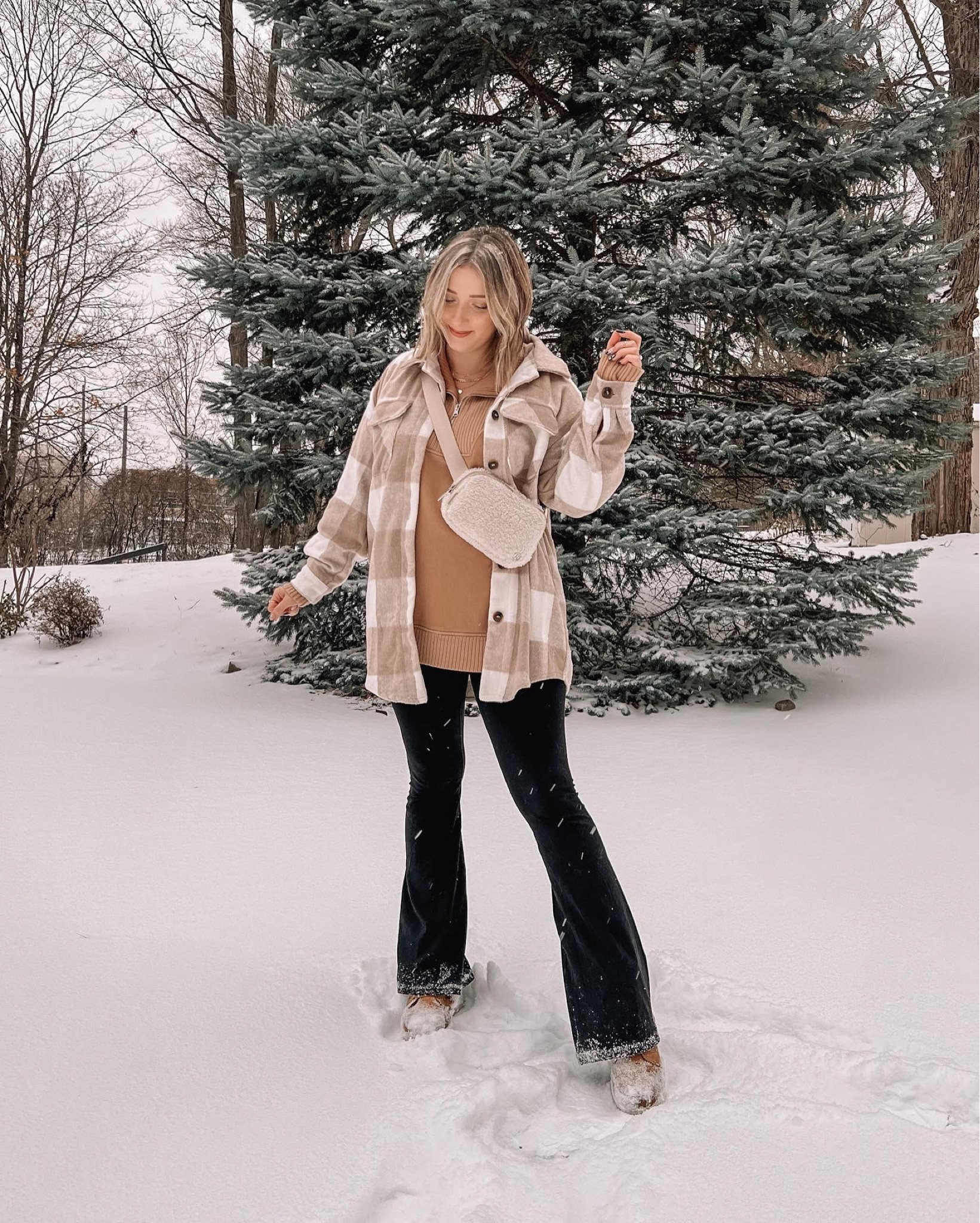 Casual winter outfit - quarter zip sweatshirt, flare leggings (on major sale!), plaid shacket, lululemon sherpa belt bag, Sorel snow boots. Everything fits TTS, wearing M



#LTKitbag #LTKstyletip #LTKSeasonal