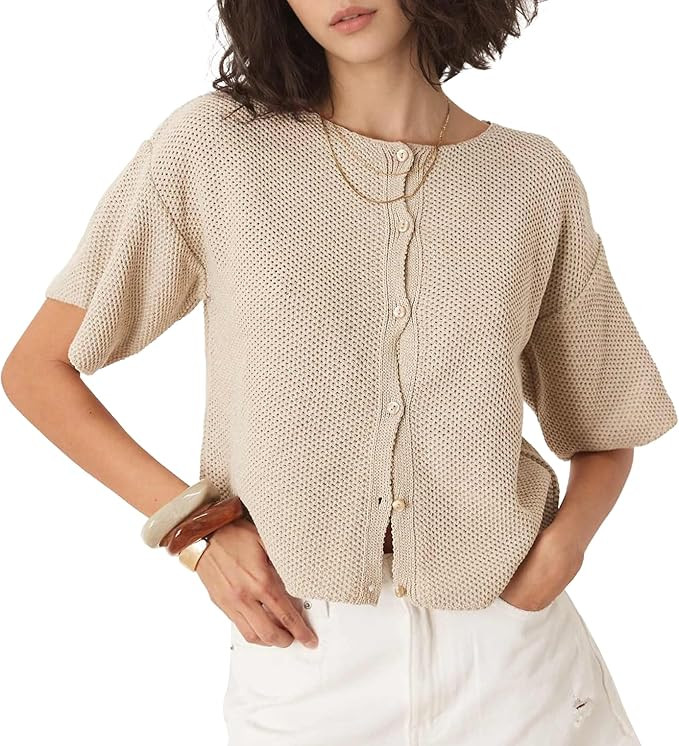 Ainangua Womens Casual Cardigan Summer Short Sleeve Crew Neck Button Down Knit Sweater Tops Light... | Amazon (US)