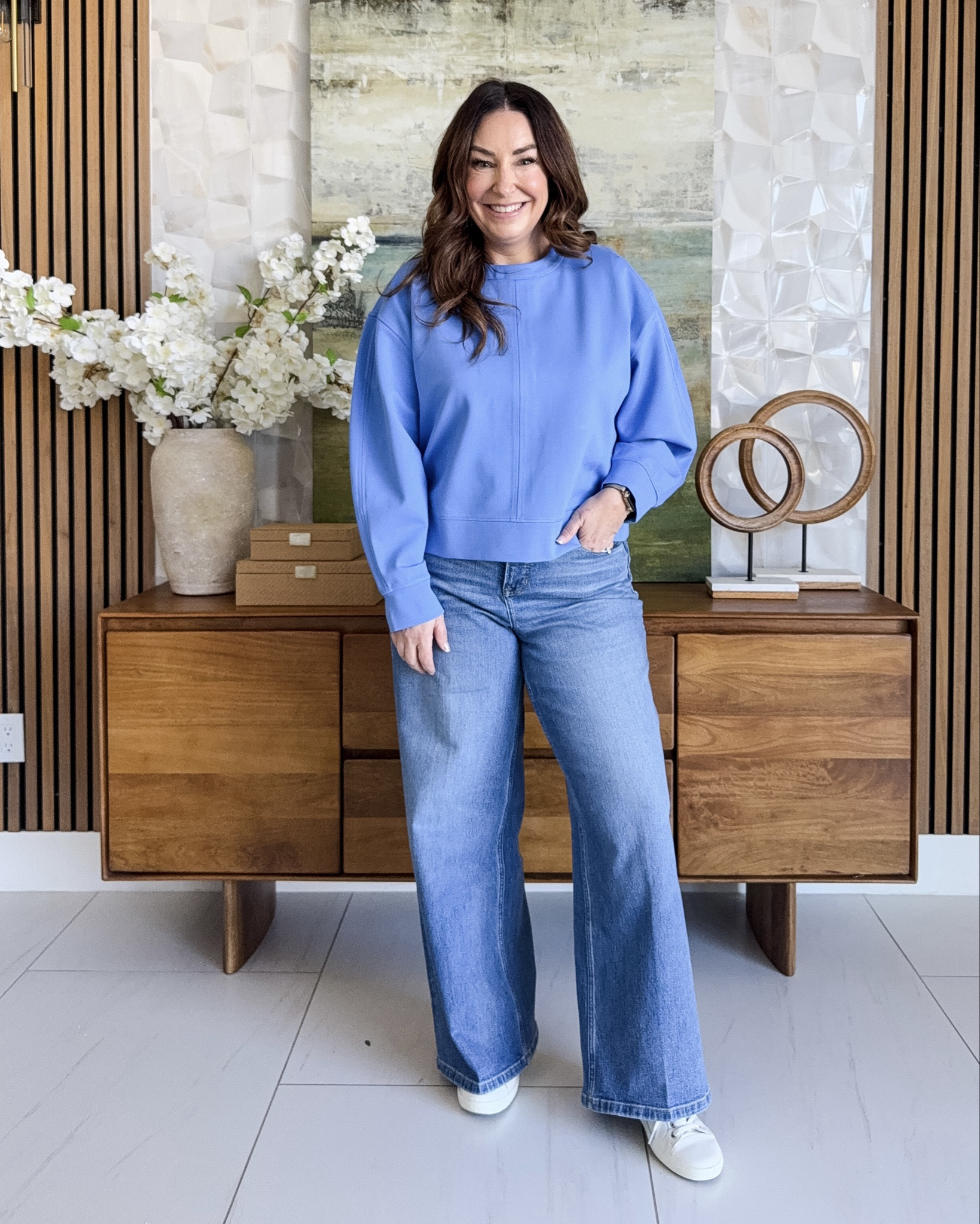 Casual outfit with new @spanx ponte crewneck long sleeve top. It’s that inbetween weight and stretchy! Tts wearing large, jeans tts L
Petite

#LTKMidsize #LTKOver40