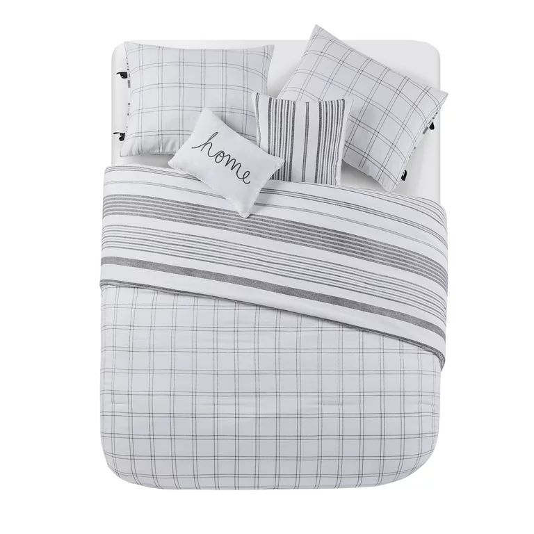 VCNY Home Farmhouse 5-Piece White/Grey Stripe Comforter Set, Full/Queen, Reversible - Walmart.com | Walmart (US)