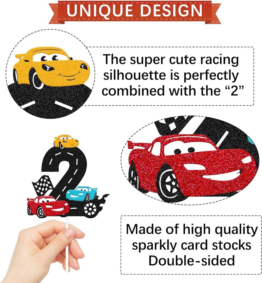 Race Car 2nd Birthday Cake Topper Two Fast Cake Decoration for Racing Car Checkered Flag Themed K... | Amazon (US)