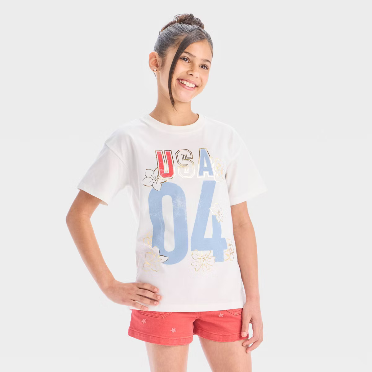 Girls' Short Sleeve Oversized 'USA' 4th of July Graphic T-Shirt - Cat & Jack™ Cream | Target