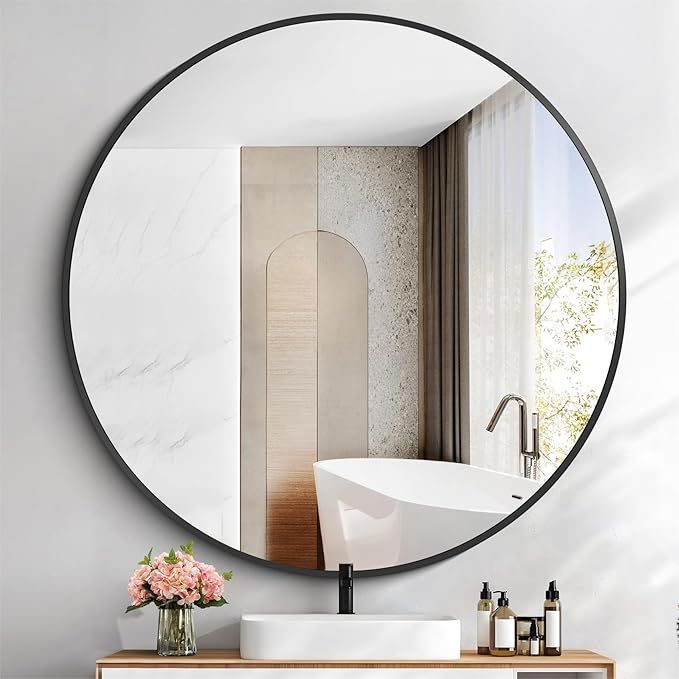 Black Round Mirror 42 inch Large Circle Mirror, Aluminum Alloy Metal Frame Bathroom Mirror, Round... | Amazon (US)