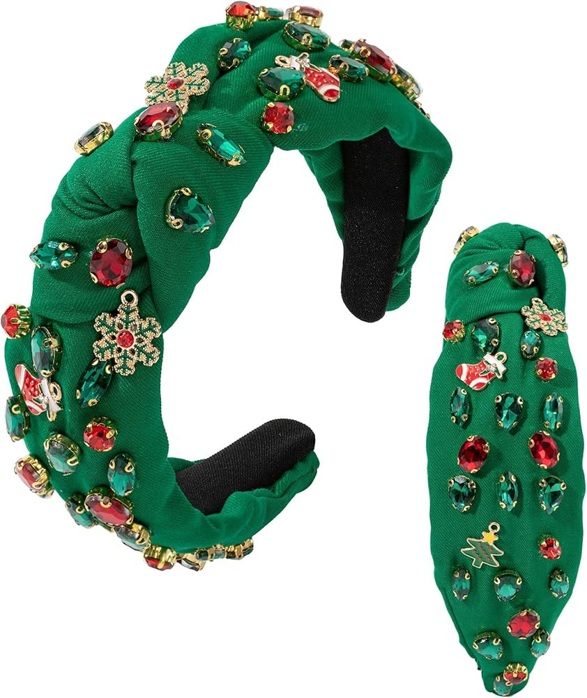 Christmas Jeweled Headband for Women Red Green Crystal Xmas Tree Snowflake Embellished Knotted Ha... | Amazon (US)