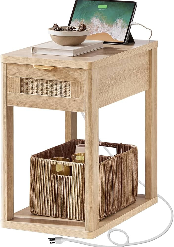 LEYAOYAO Narrow Side Table with Charging Station, 24x14''Rattan Night Stand with Drawer Storage, ... | Amazon (US)