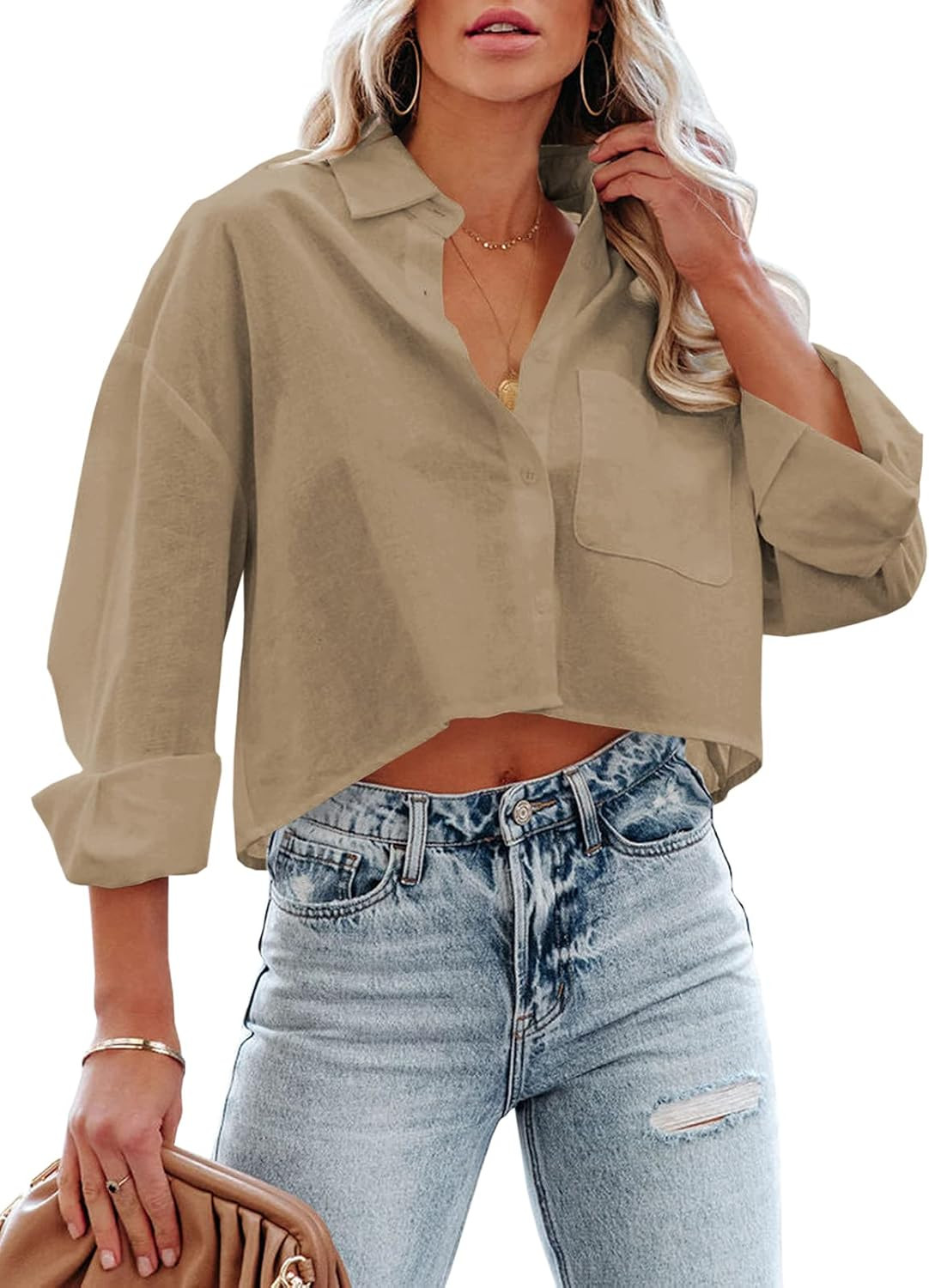 Tankaneo Womens Button Down Cropped Shirts Long Sleeve Crop Tops Blouses | Amazon (US)