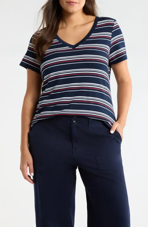 Liverpool Stripe V-Neck Terry T-Shirt in Dark Navy/white/fb Stp at Nordstrom, Size 2X | Nordstrom