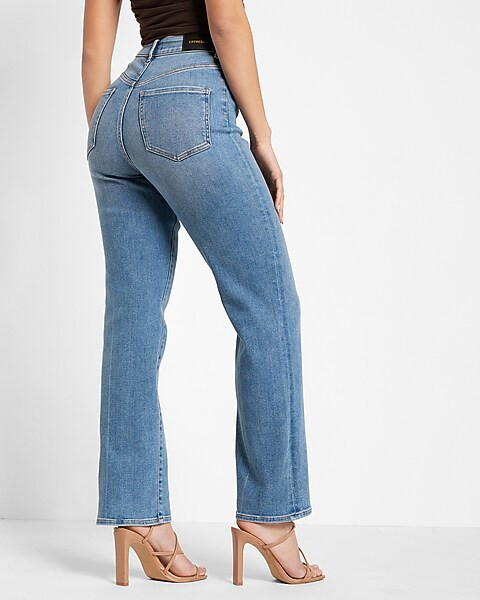 Curvy Super High Waisted Medium Wash Modern Straight Jeans | Express