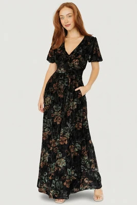 Leslie Velvet Maxi Dress | Black + Deep Jade Floral | Baltic Born
