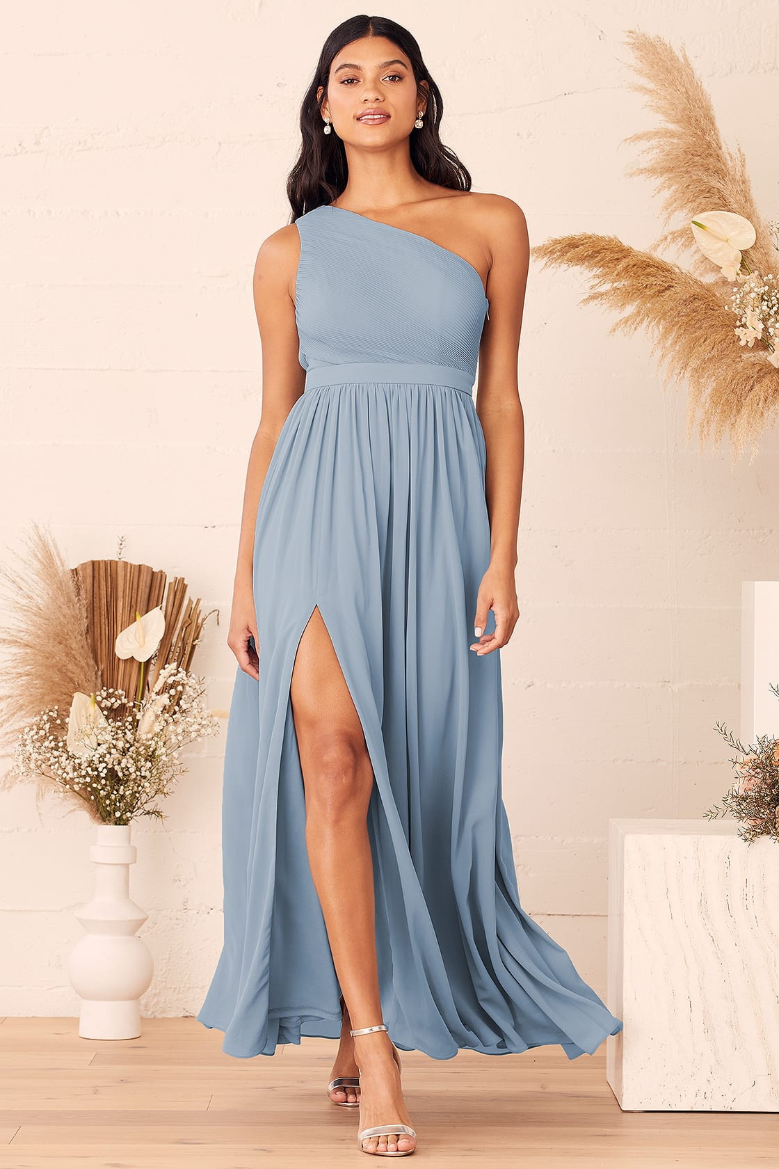 Lovely Endings Dusty Blue One-Shoulder Pleated Maxi Dress | Lulus (US)