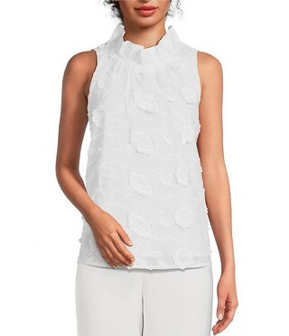 Barbara Ruffle Mock Neck 3D Floral Detail Sleeveless Top | Dillard's