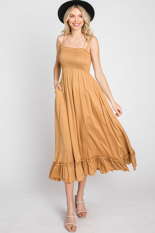 Gold Smocked Ruffle Midi Dress | PinkBlush Maternity