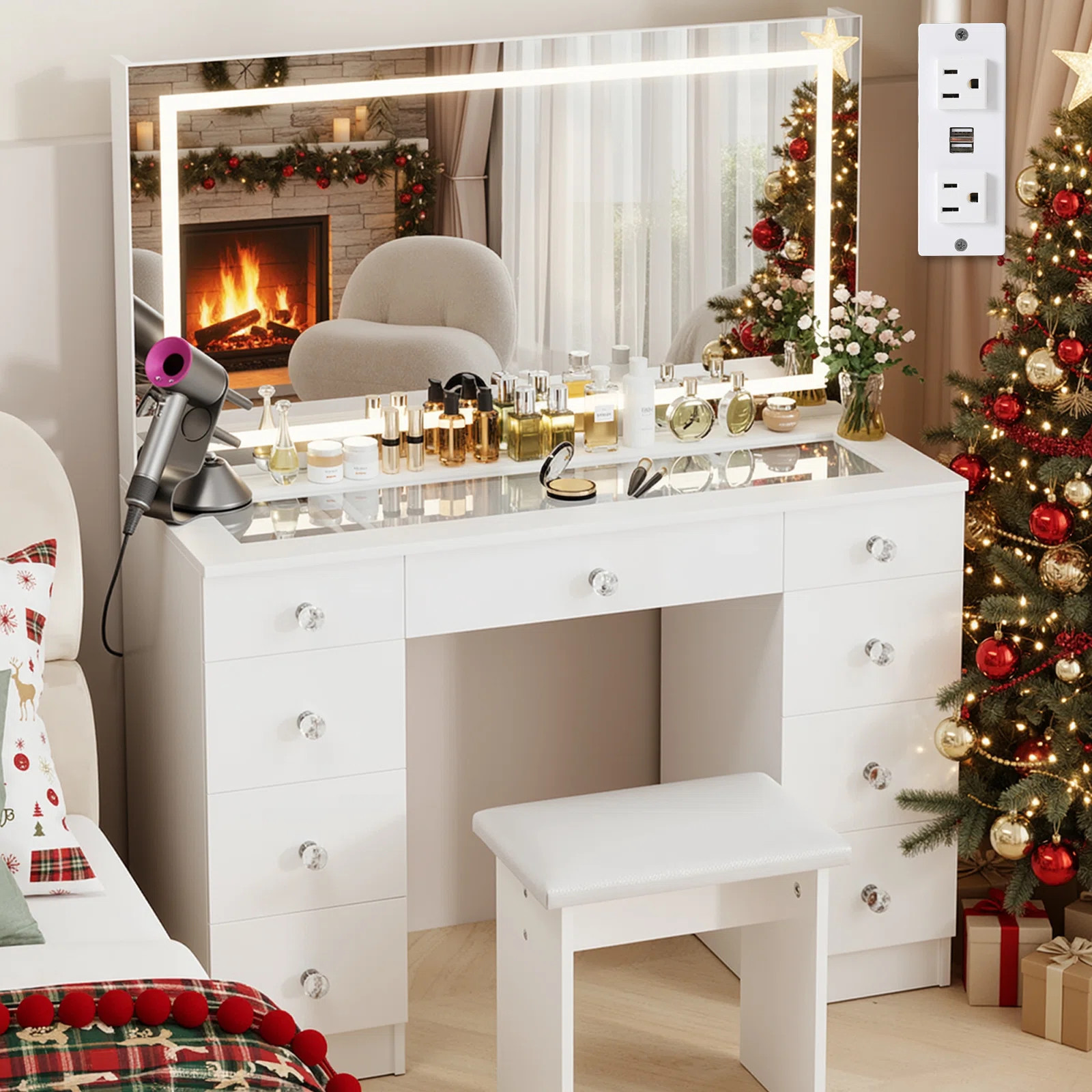 Nykee Glass Top Vanity Set With LED Mirror & Power Outlets, 9 Drawers With Diamond Handles | Wayfair North America