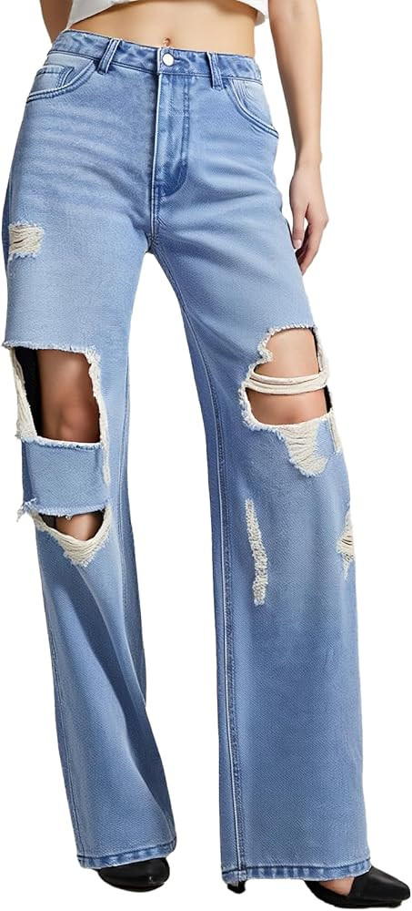 Baggy Mid Waisted Wide Leg Jeans for Woman Trendy, Inelastic Loose Fit Ripped Denim Jeans Distres... | Amazon (US)