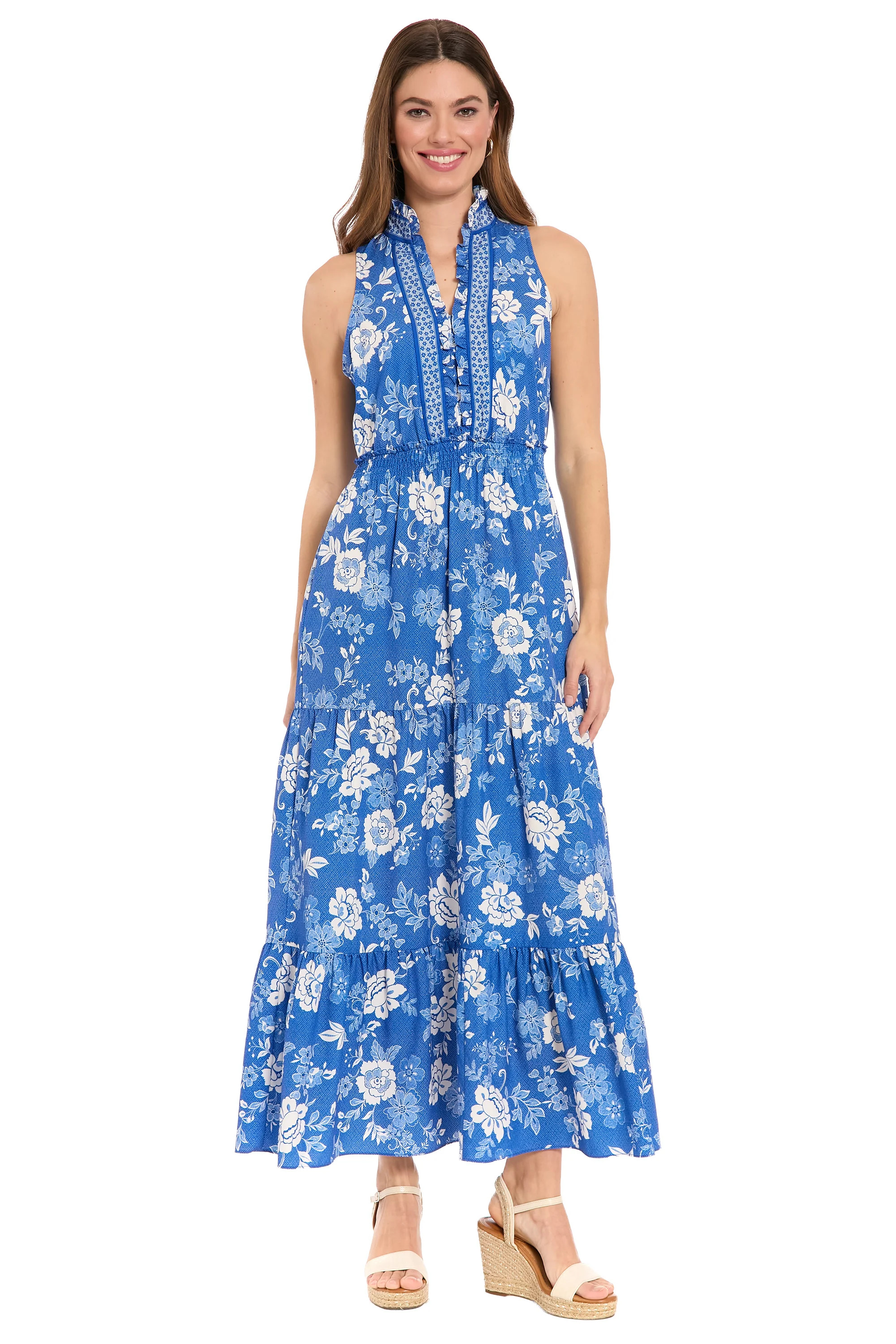 Brooke Ruffle Neck Smocked Maxi in Grid Floral A-Line | London Times | Maggy London