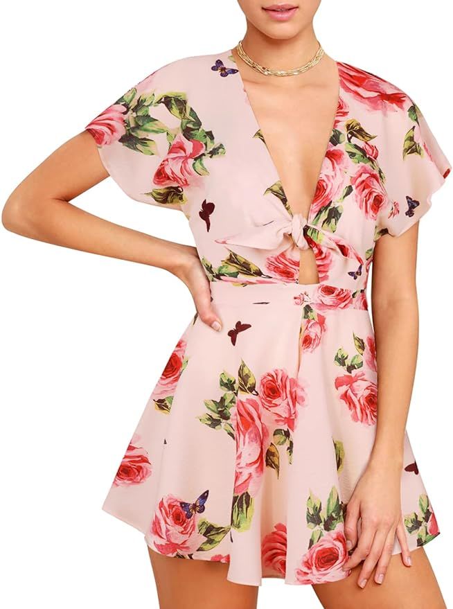 AGQT Women’s Sexy V Neck Self Tie Front Romper Short Jumpsuit Playsuit Mini Outfit Romper Dress... | Amazon (US)