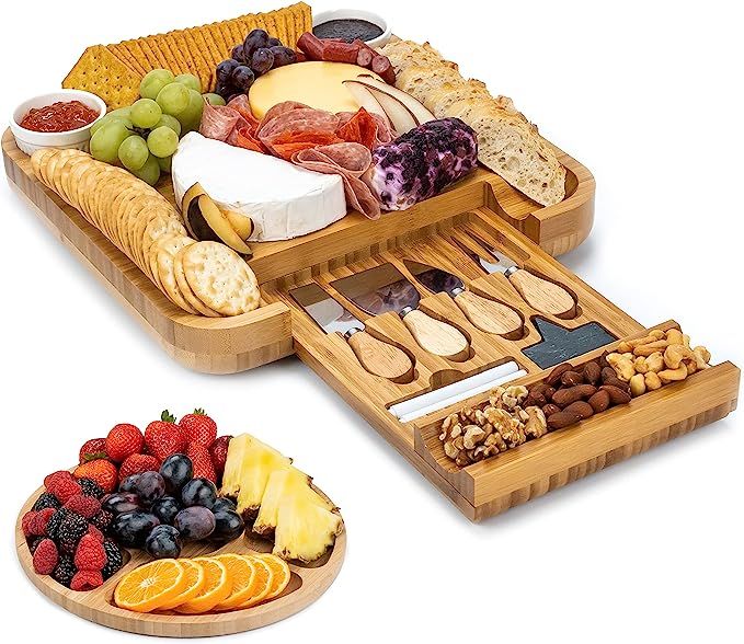 SMIRLY Cheese Board and Knife Set: 13 x 13 x 2 Inch Wood Charcuterie Platter for Wine, Cheese, Me... | Amazon (US)