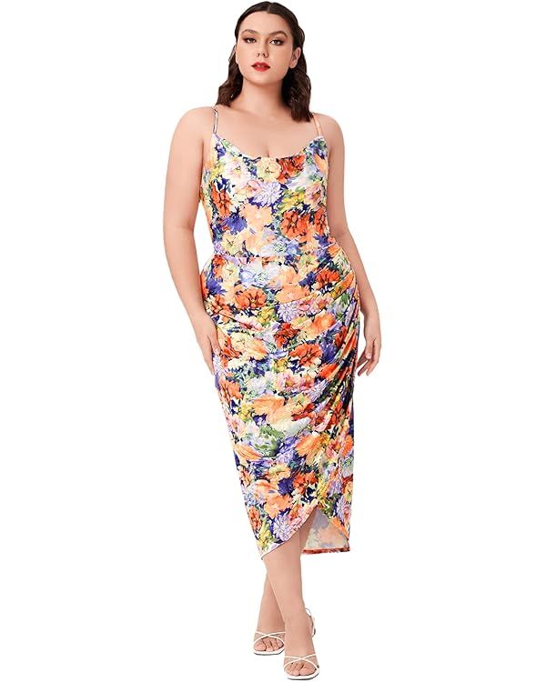 Floerns Women's Plus Size Satin Spaghetti Strap Cowl Neck Wrap Party Cami Dress | Amazon (US)