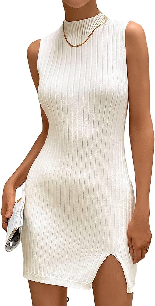 Floerns Women's Solid Turtle Neck Sleeveless Split Hem Sweater Bodycon Dress | Amazon (US)