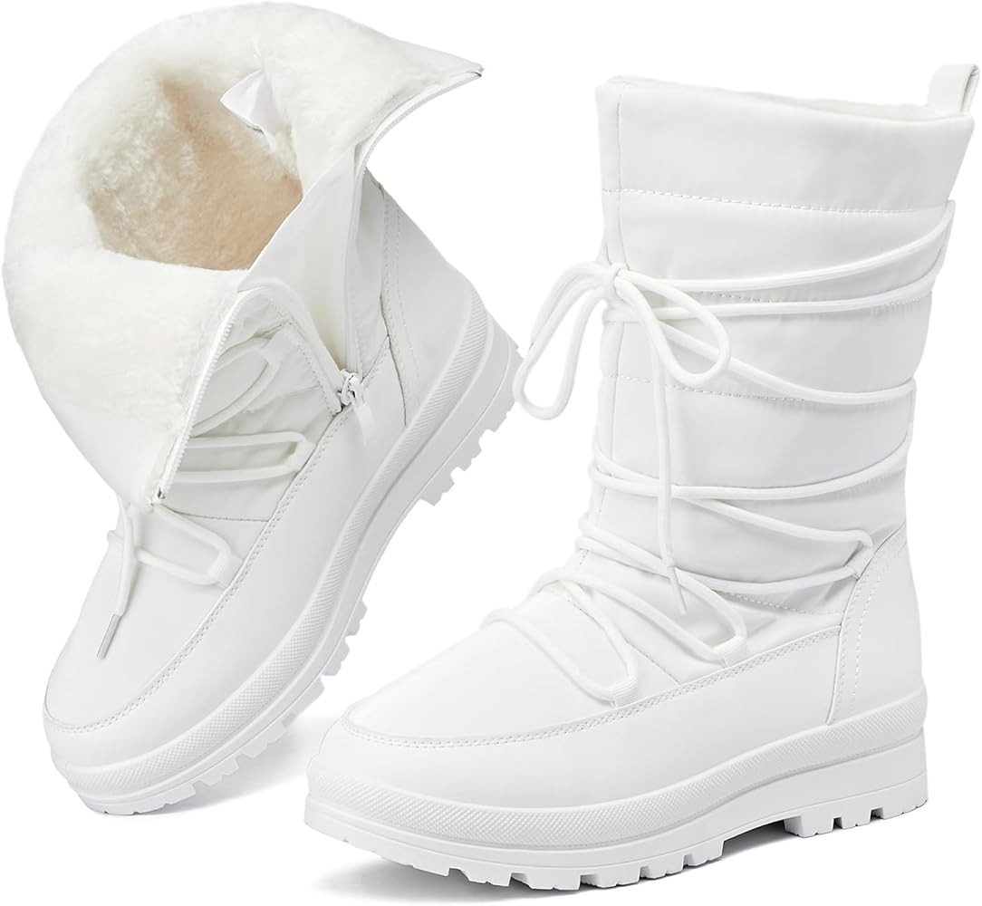 Snow Boots for Women Fur Winter Boots Waterproof Ski Boots Women's Mid Calf Boots Furry White Lac... | Amazon (US)