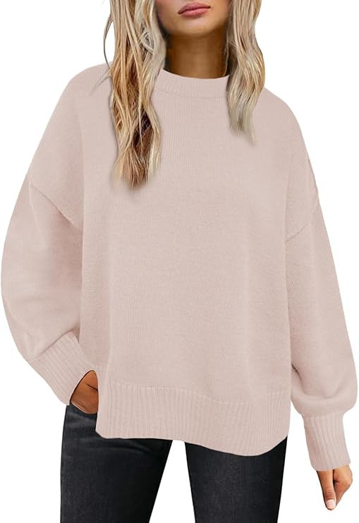 Womens Sweaters Crewneck Long Sleeve Pullover Tops Loose Fit Soft Knit Ribbed Hem Side Slit Casua... | Amazon (US)