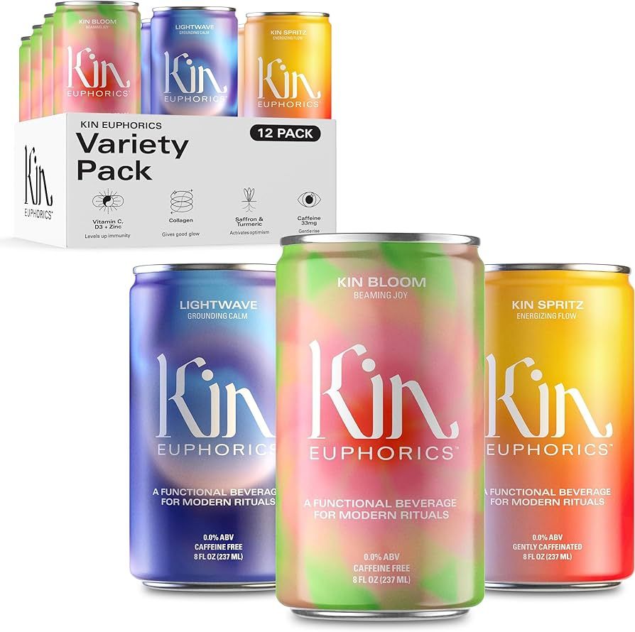 Kin Variety 12 Pack with 4 Spritz, 4 Lightwave, and 4 Bloom by Kin Euphorics, Non Alcoholic Spiri... | Amazon (US)