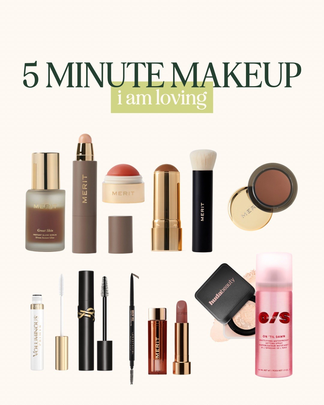 My Merit colors:
Minimalist in Sand
Brush No. 1
Bronze Balm in Seine
Flush Balm in Lusitano
Solo Shadow in Midcentury (Lid) and Brun for liner if neededd
Signature Lip in Baby

Other colors:
Brow pencil - soft brown 
Mascara black 
Setting powder - cupcake

If I want liner I tight line 1/3 of my upper under the lash and pull out a little wing with a warm brown powder eyeshadow or the dark Merit Brun shadow. 

If I want a little brightness I add a pinky nude shimmer in the inner corners. From a super super old palette. 